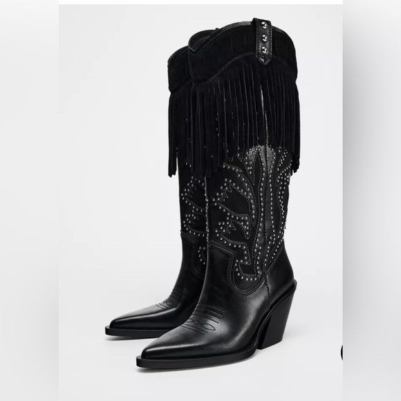 Zara FRINGED STUDDED COWBOY BOOTS - Picture 1 of 3